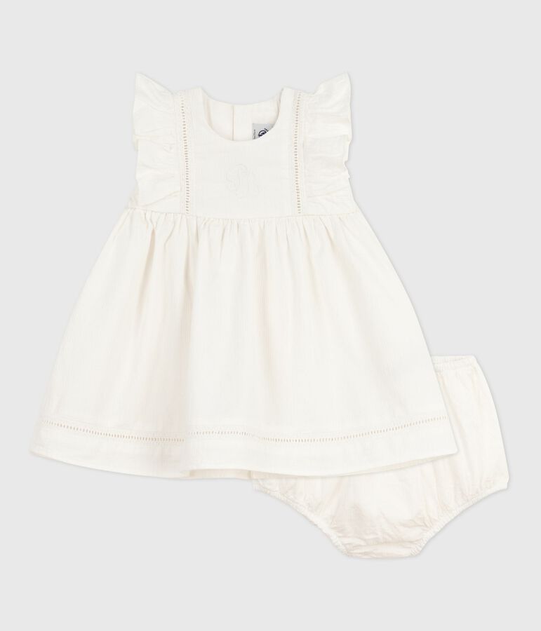 Babies' plain and embroidered sleeveless cotton dress with matching bloomers ECUME white
