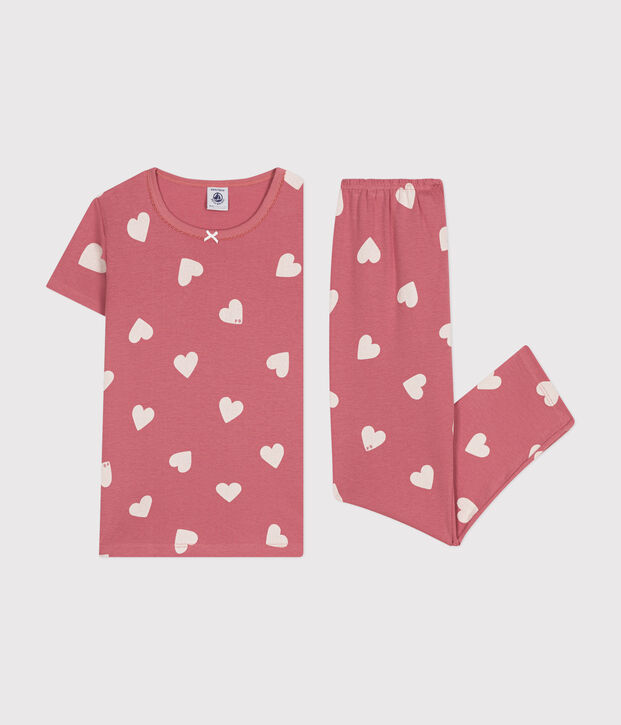 Children's heart print pattern cotton pyjamas pink/ecru