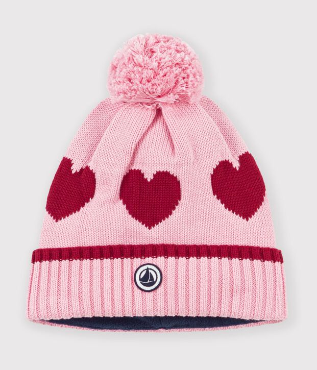 Children's jacquard knitted beanie hat lined in polar fleece pink/red