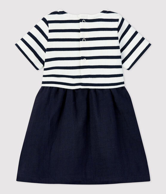 Babies' Organic Thick Jersey and Cotton Gauze Dress MARSHMALLOW white/SMOKING blue