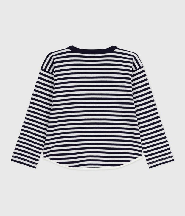 Children's long-sleeved stripy cotton T-shirt blue/ecru