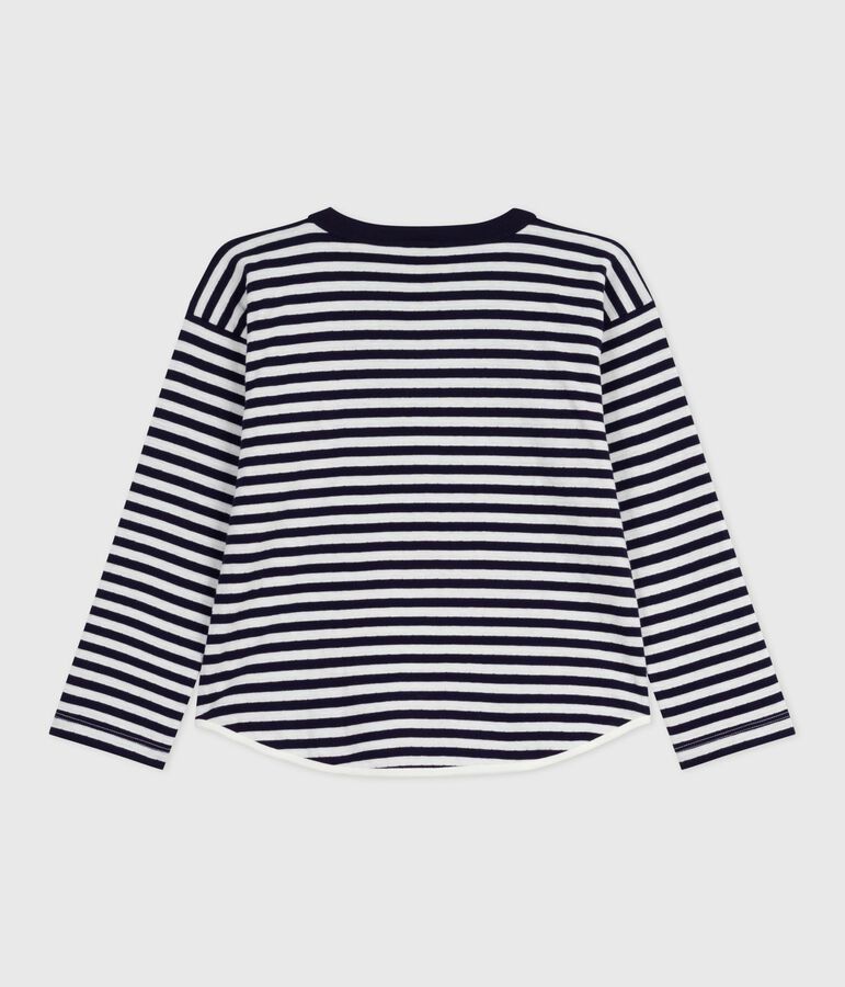 Children's long-sleeved stripy cotton T-shirt blue/ecru
