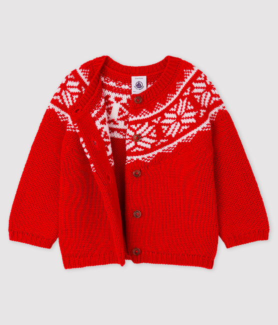 Baby's cardigan in 100% wool TERKUIT red/MARSHMALLOW white