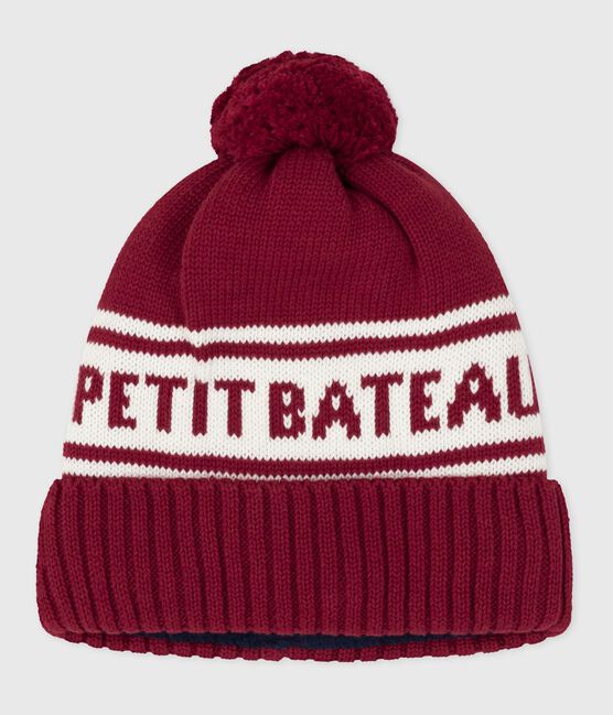 Children's knitted Petit Bateau beanie hat lined in polar fleece AMARANTE red/MARSHMALLOW