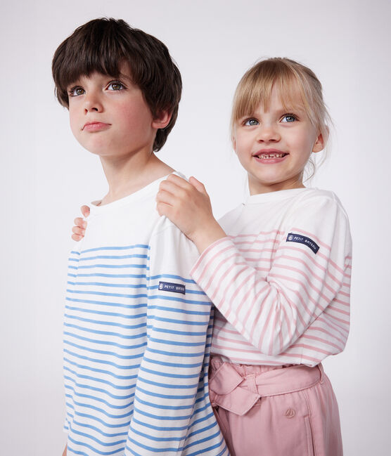 Children's long-sleeved cotton Breton T-shirt MARSHMALLOW white/CHARME pink