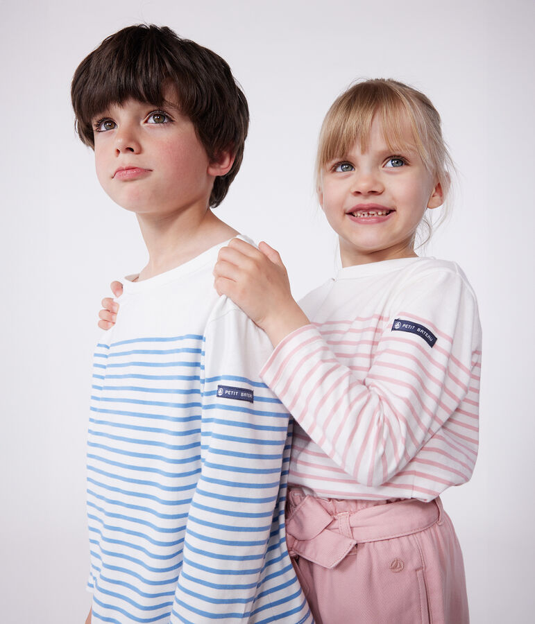 Children's long-sleeved cotton Breton T-shirt MARSHMALLOW white/CHARME pink