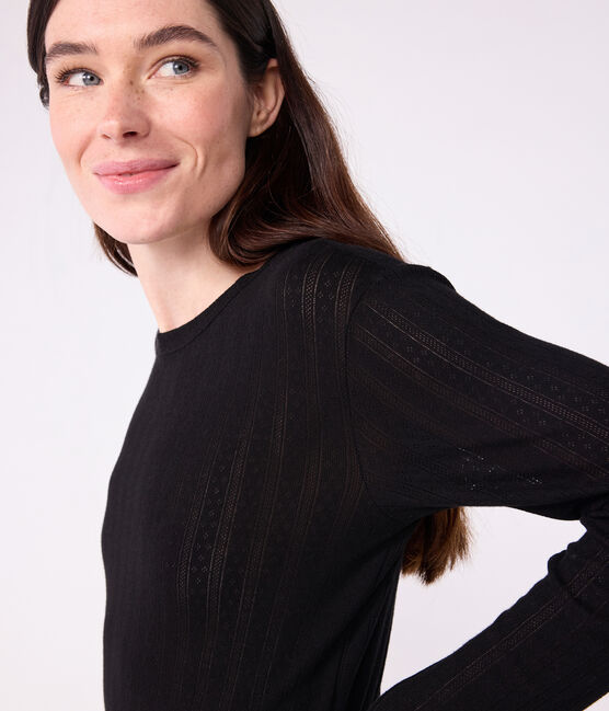 Women's Iconic long-sleeved openwork cotton T-shirt BLACK black
