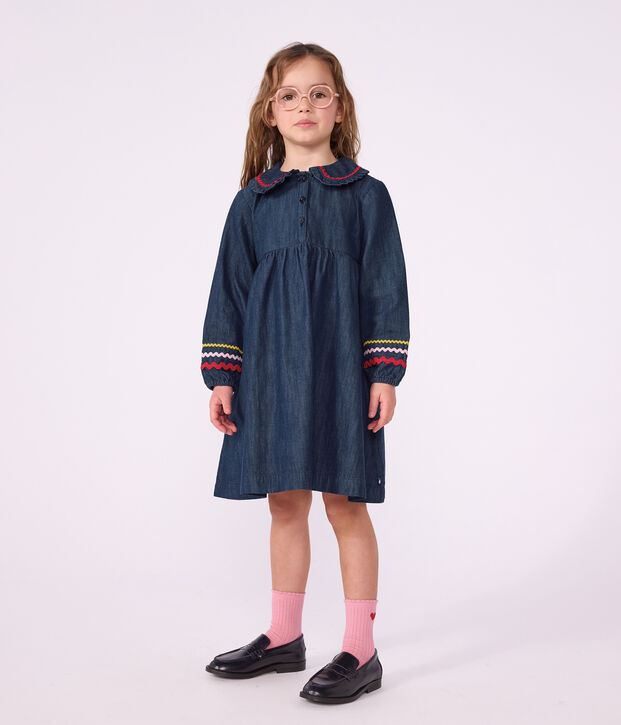 Children's plain, long-sleeved denim dress blue