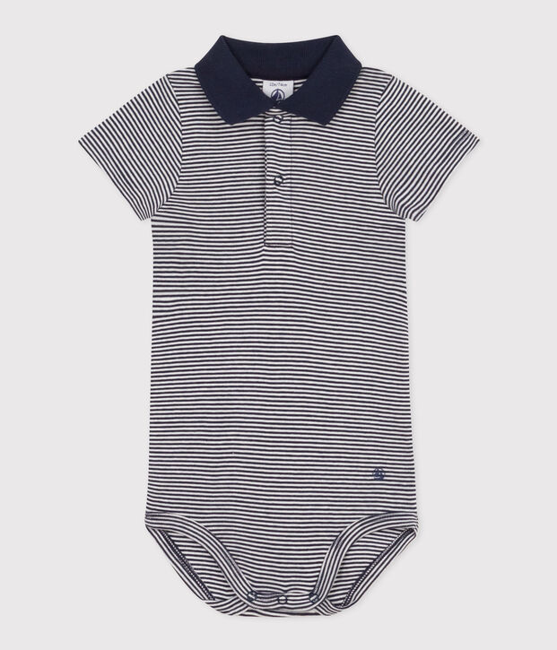 Babies' Short-Sleeved Stripy Polo Collar Cotton Bodysuit blue/white
