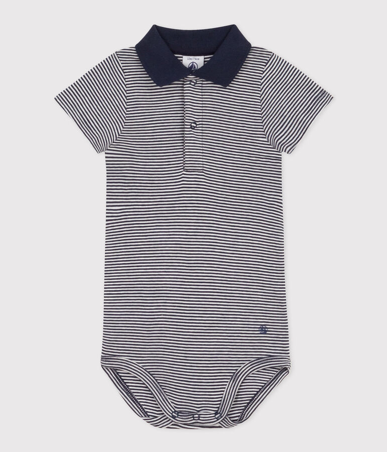 Babies' Short-Sleeved Stripy Polo Collar Cotton Bodysuit blue/white