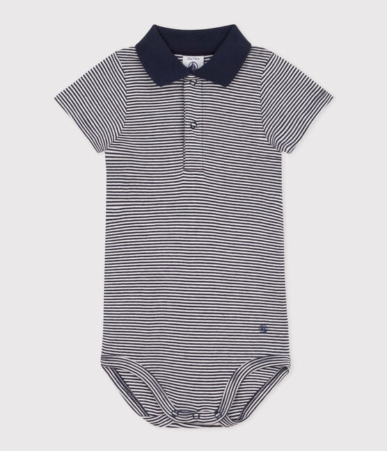 Babies' Short-Sleeved Stripy Polo Collar Cotton Bodysuit SMOKING blue/MARSHMALLOW white