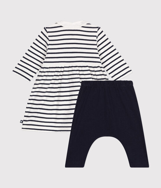 Babies' cotton dress and leggings MARSHMALLOW white/SMOKING blue