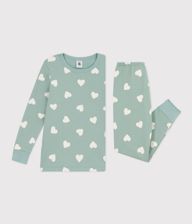 Children's Unisex Heart Fleece Pyjamas green/ecru