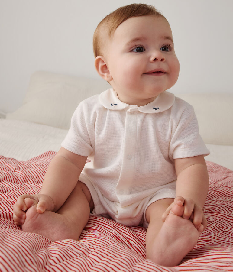 Baby cotton romper with embroidered collar white