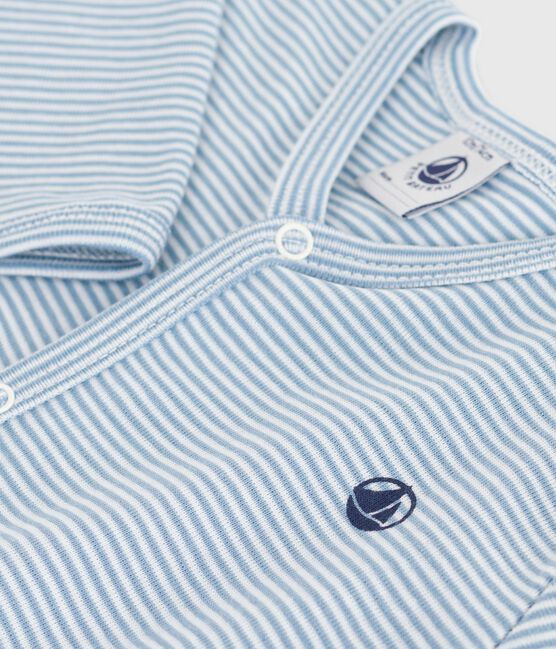 Babies' footless stripy cotton pyjama suit ADRIATIC /MARSHMALLOW