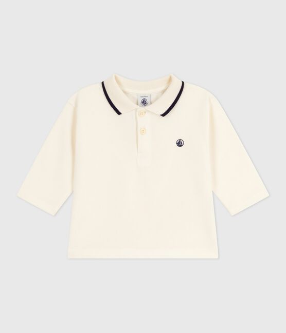 Babies' long-sleeved plain cotton polo shirt MILK Ecru