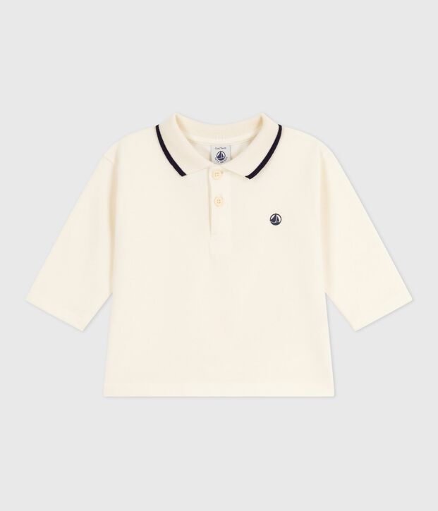 Babies' long-sleeved plain cotton polo shirt MILK
