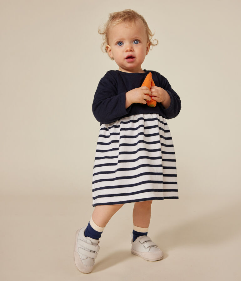 Babies' long-sleeved tube knit dress blue/white