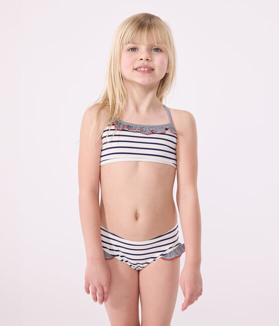 Children's two-piece stripy swimsuit MARSHMALLOW white/MEDIEVAL blue
