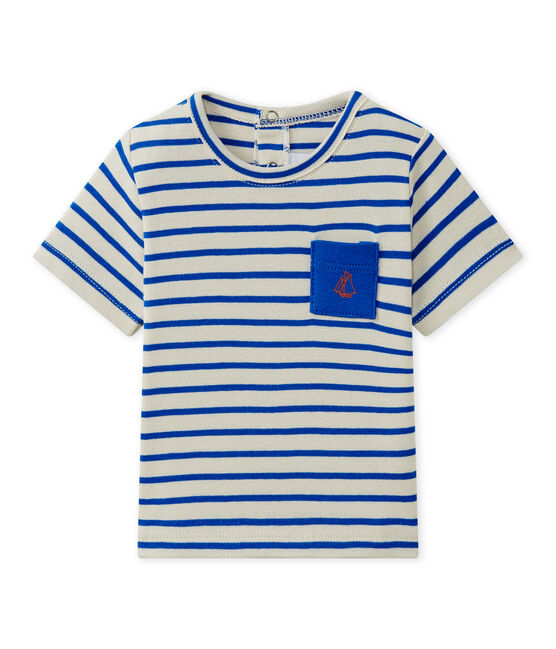 Baby boy's striped short-sleeved T-shirt FETA white/PERSE blue