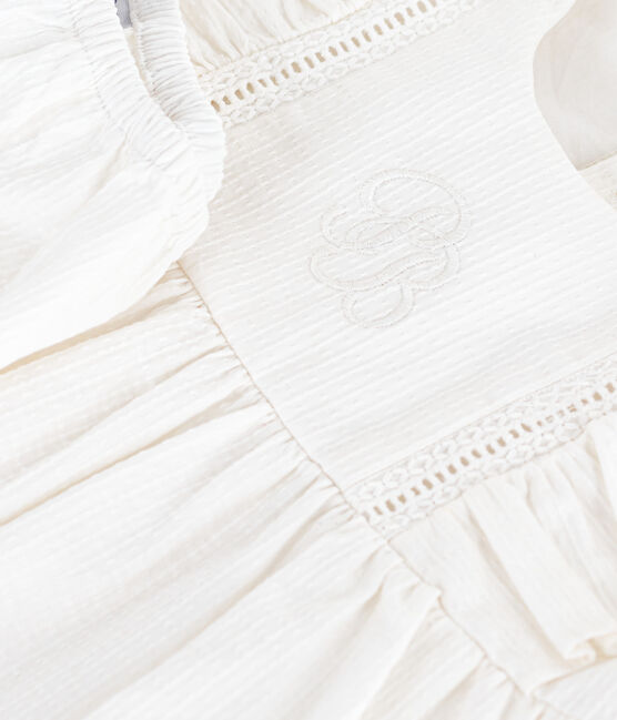Babies' plain and embroidered sleeveless cotton dress with matching bloomers ECUME white