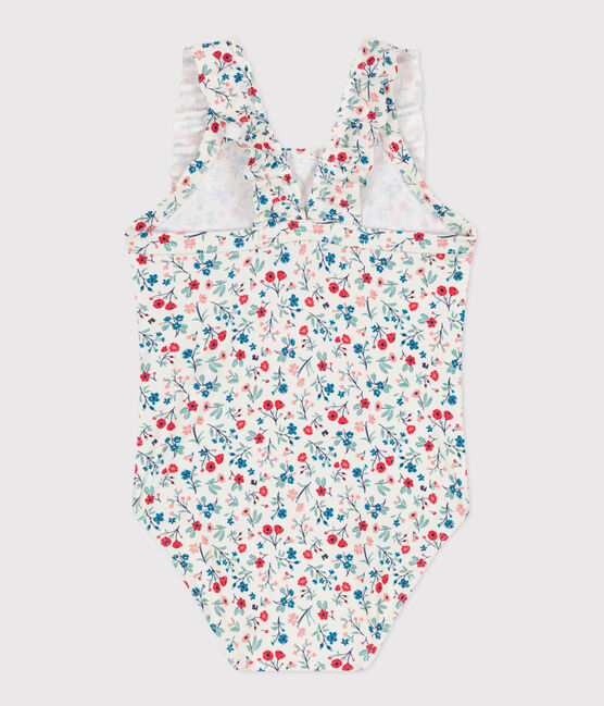 Babies' one-piece swimsuit with frills and a floral print. MARSHMALLOW white/MULTICO white