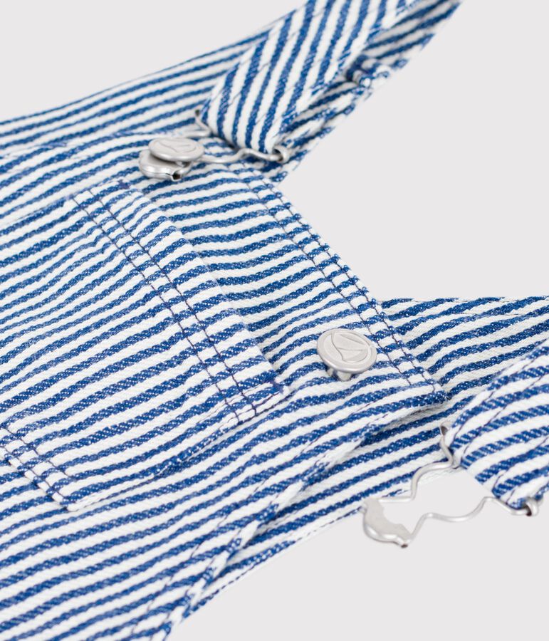 Babies' short stripy twill dungarees blue/white