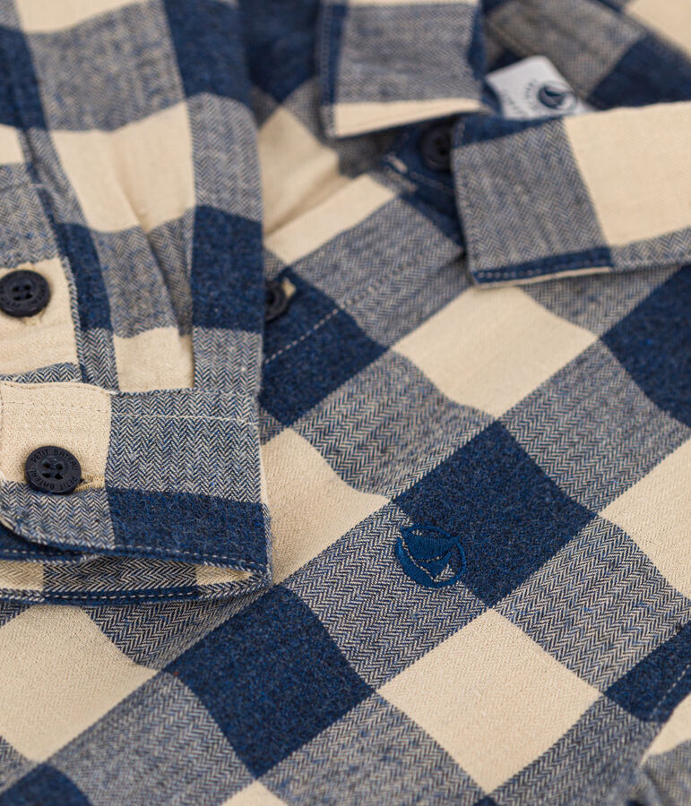 Boys' checked cotton flannel shirt blue/ecru
