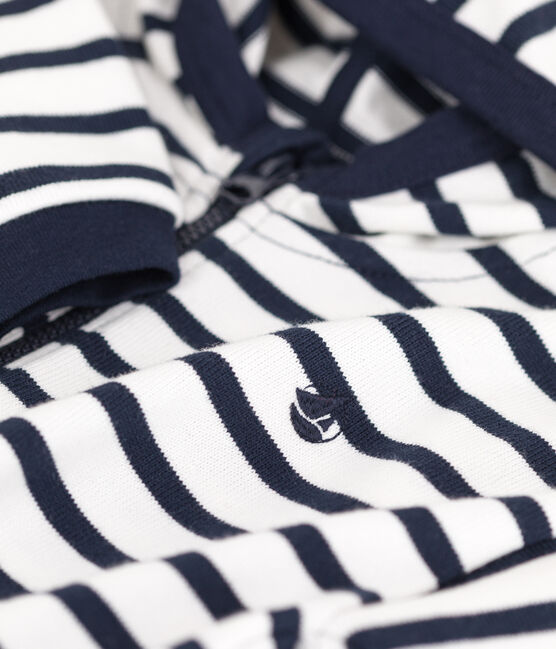 Babies' Stripy Thick Jersey Breton Hoodie MARSHMALLOW white/SMOKING blue