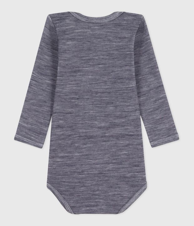 Babies' long-sleeved body in wool and cotton blue/white