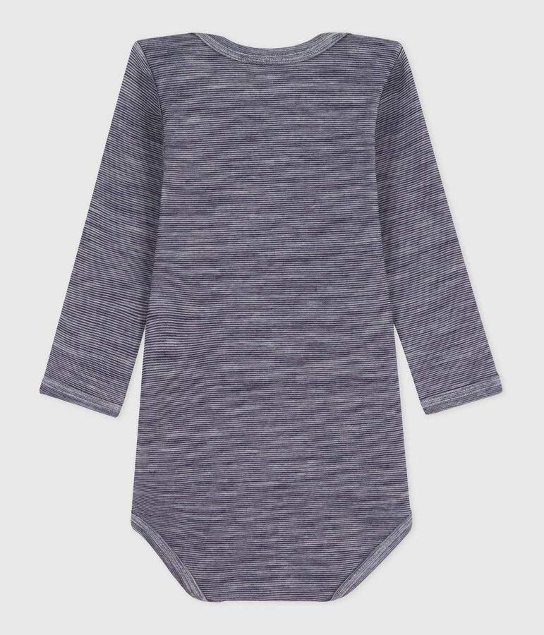 Babies' long-sleeved body in wool and cotton blue/white