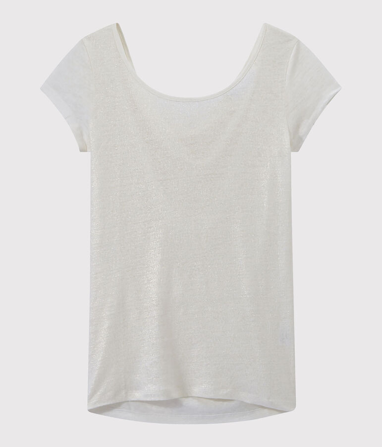 Women's iridescent linen tee with cowl neck at the back white/yellow