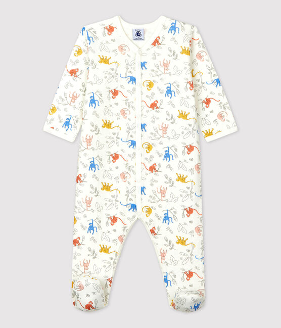 Babies' Monkey Themed Organic Cotton Sleepsuit MARSHMALLOW white/MULTICO white