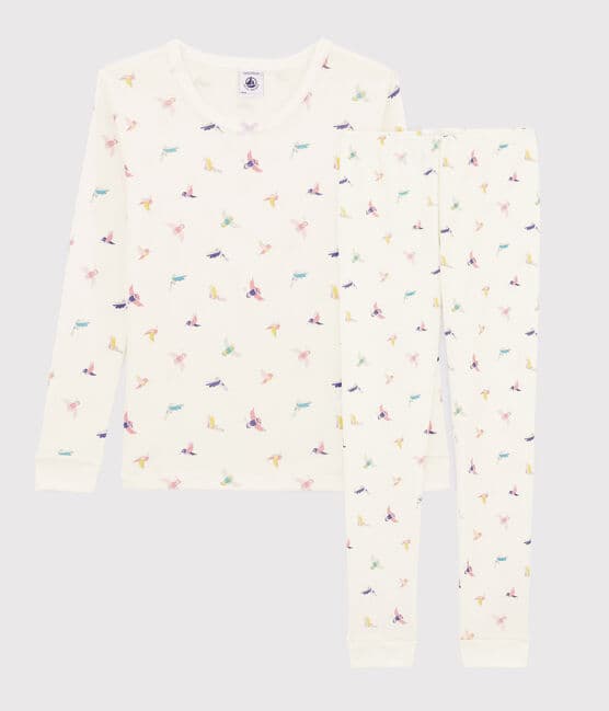 Girls' Snugfit Birds Print Ribbed Pyjamas MARSHMALLOW white/MULTICO white