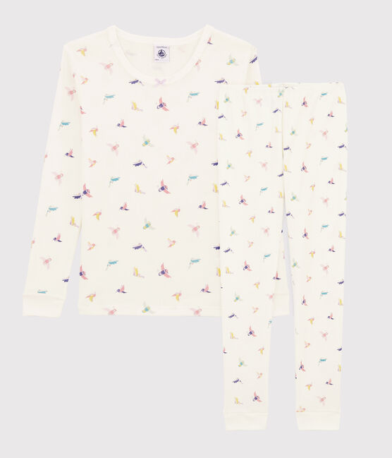 Girls' Snugfit Birds Print Ribbed Pyjamas MARSHMALLOW white/MULTICO white