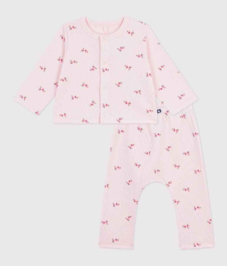 Babies' long 2-piece cotton outfit with a flower print BARELY pink/MULTICO