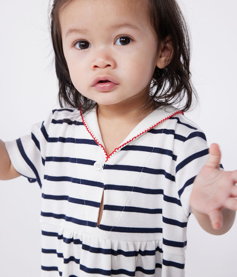 Babies' short-sleeved Breton top with a sailor collar MARSHMALLOW white/SMOKING blue