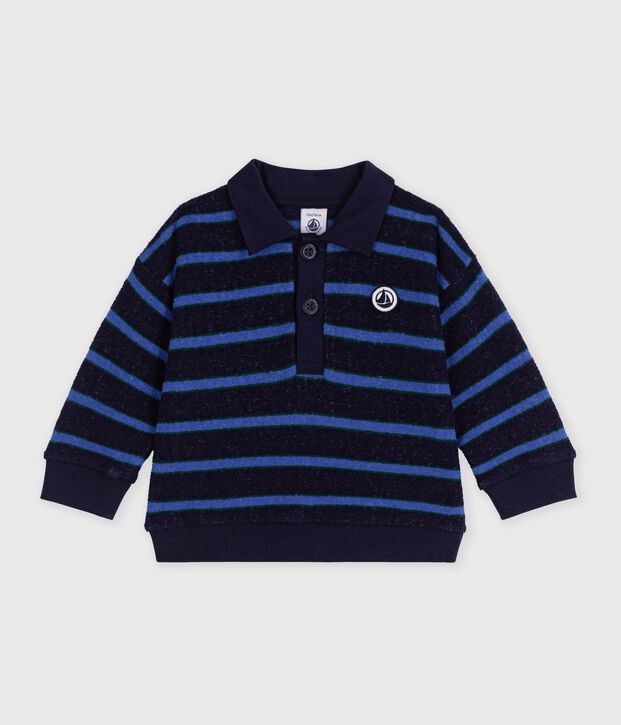 Babies' stripy 0cotton sweatshirt with a polo collar blue/multicolor