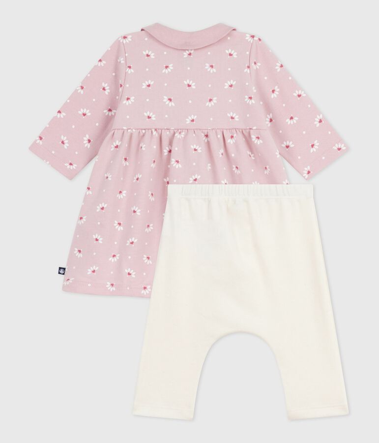 Babies' dress with a collar, printed with hearts and flowers, and leggings in cotton pink/multicolor