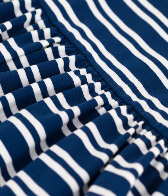 Girls' Stripy Short-Sleeved Cotton Dress MEDIEVAL blue/MARSHMALLOW white