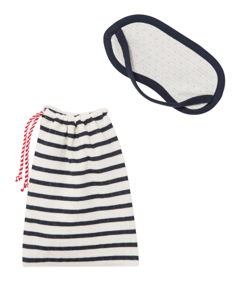 Set of sleep mask and drawstring bag in tube knit blue/white