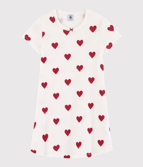 Girls' Heart Patterned Cotton Nightdress MARSHMALLOW white/TERKUIT red