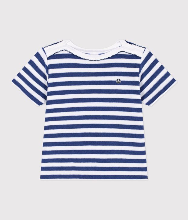 Children's short-sleeved stripy cotton T-shirt blue/white