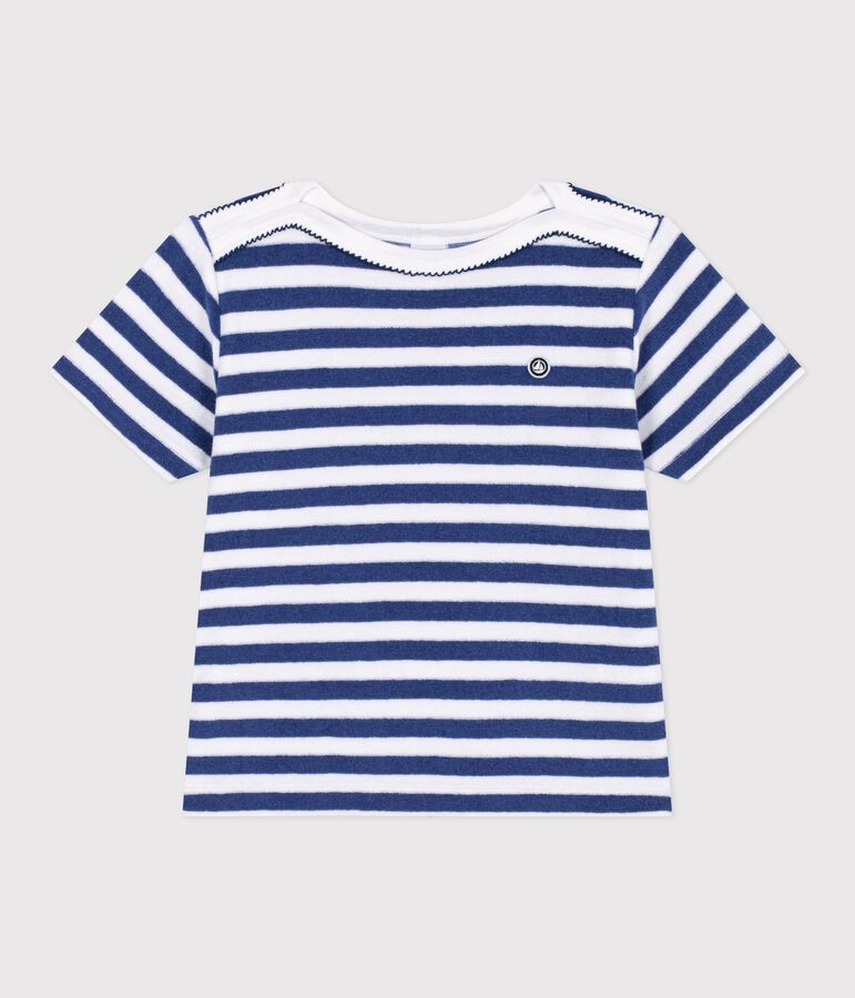 Children's short-sleeved stripy cotton T-shirt blue/white