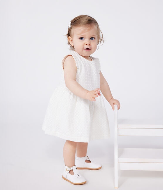 Babies' sleeveless white cotton broderie anglaise dress MARSHMALLOW white