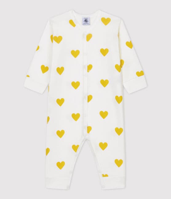 Babies' Footless Yellow Heart Patterned Organic Cotton Sleepsuit MARSHMALLOW white/MULTICO white