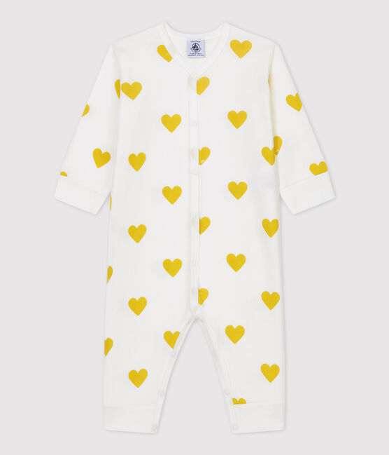 Babies' Footless Yellow Heart Patterned Organic Cotton Sleepsuit MARSHMALLOW white/MULTICO white