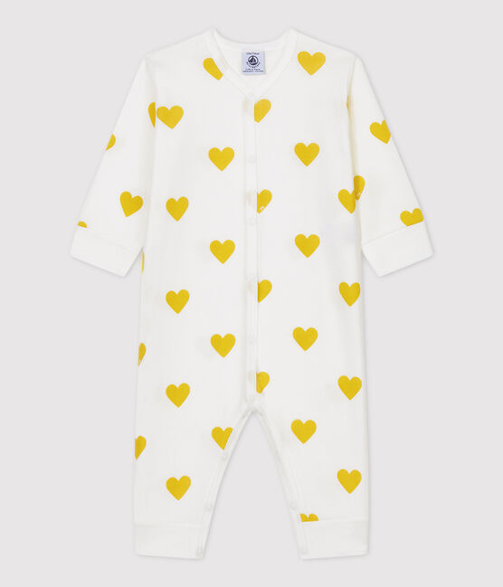 Babies' Footless Yellow Heart Patterned Organic Cotton Sleepsuit MARSHMALLOW white/MULTICO white