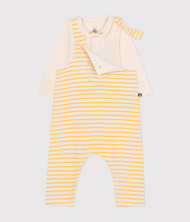 Babies' dungarees and cotton bodysuit set Ecru/yellow