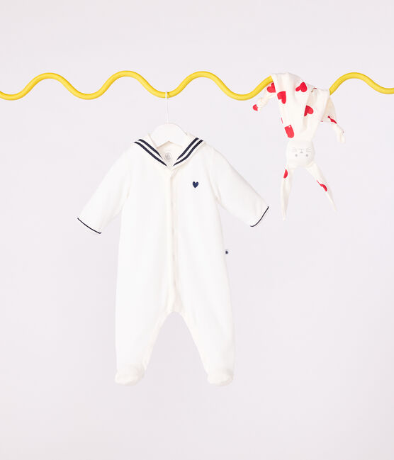 Babies' velour pyjama suit with a sailor collar MARSHMALLOW white
